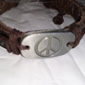 Leather Drawstring Bracelet (1) Dark Brown Peace Sign Adjustable tie close NEW